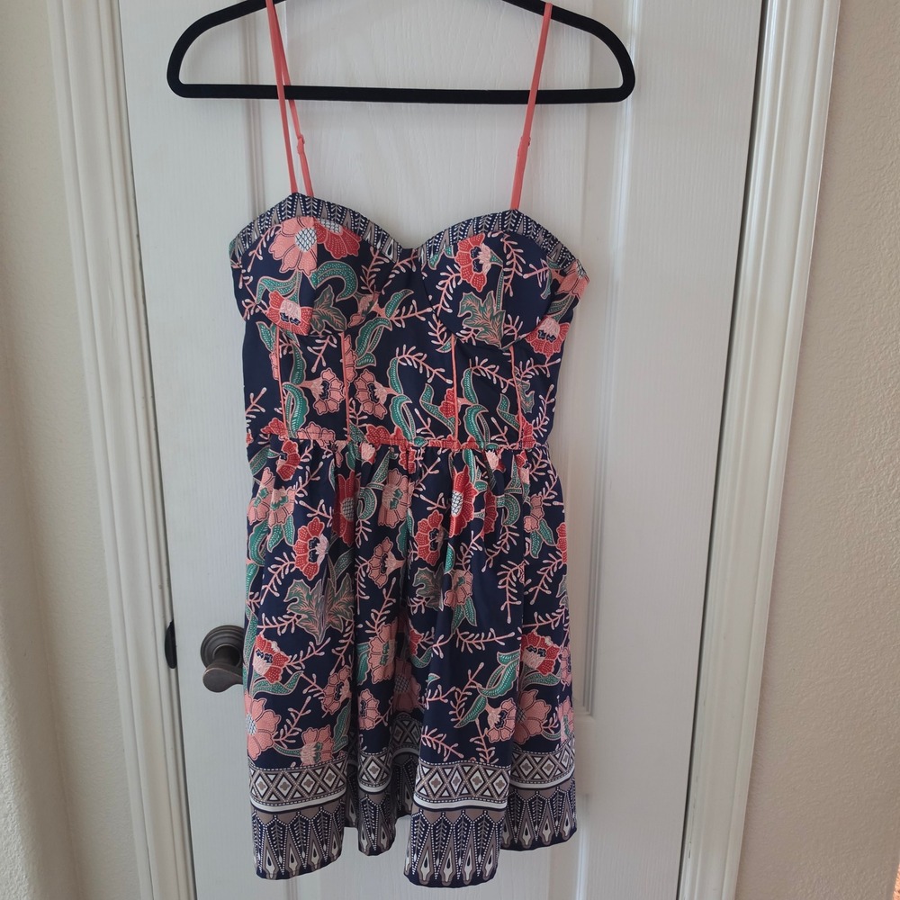 Band of Gypsies Floral Bustier Mini Dress Navy Coral Boho M